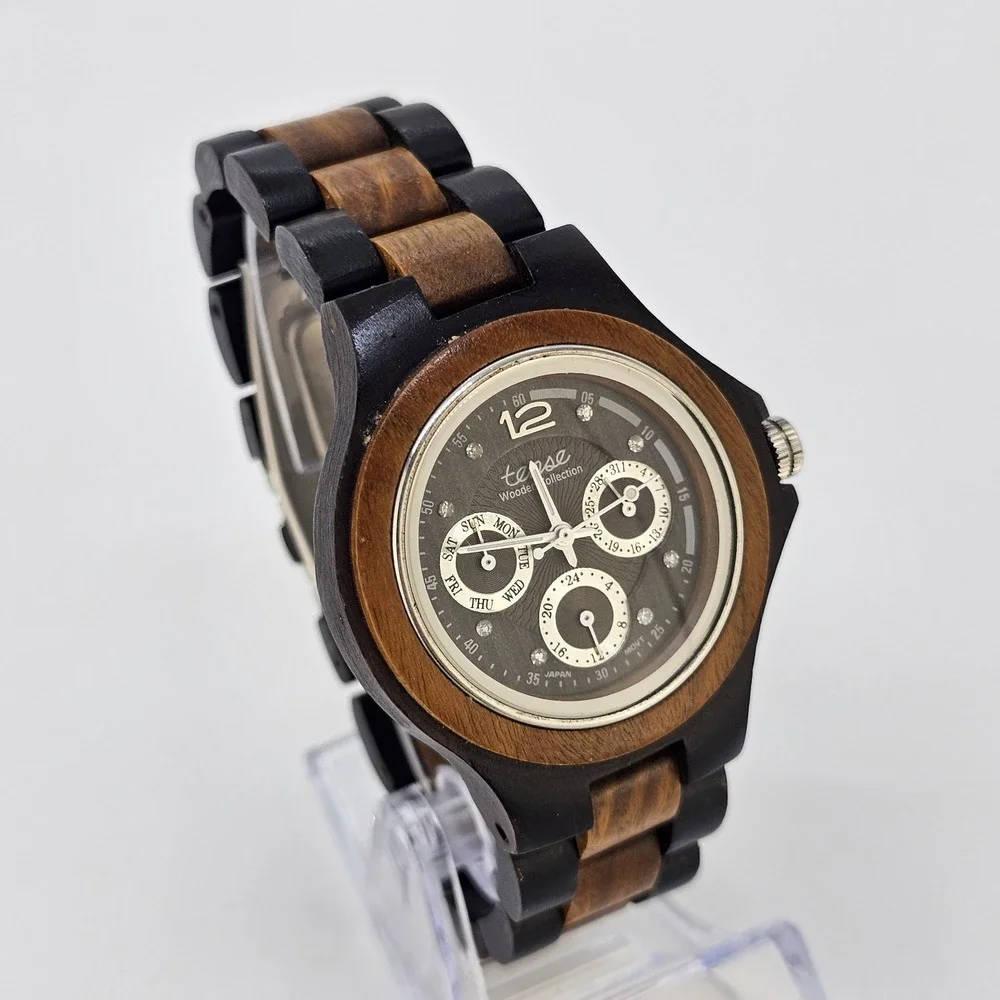 Tense Wooden Men's Watch 38MM Dark Brown Dial Two Tone Band 7